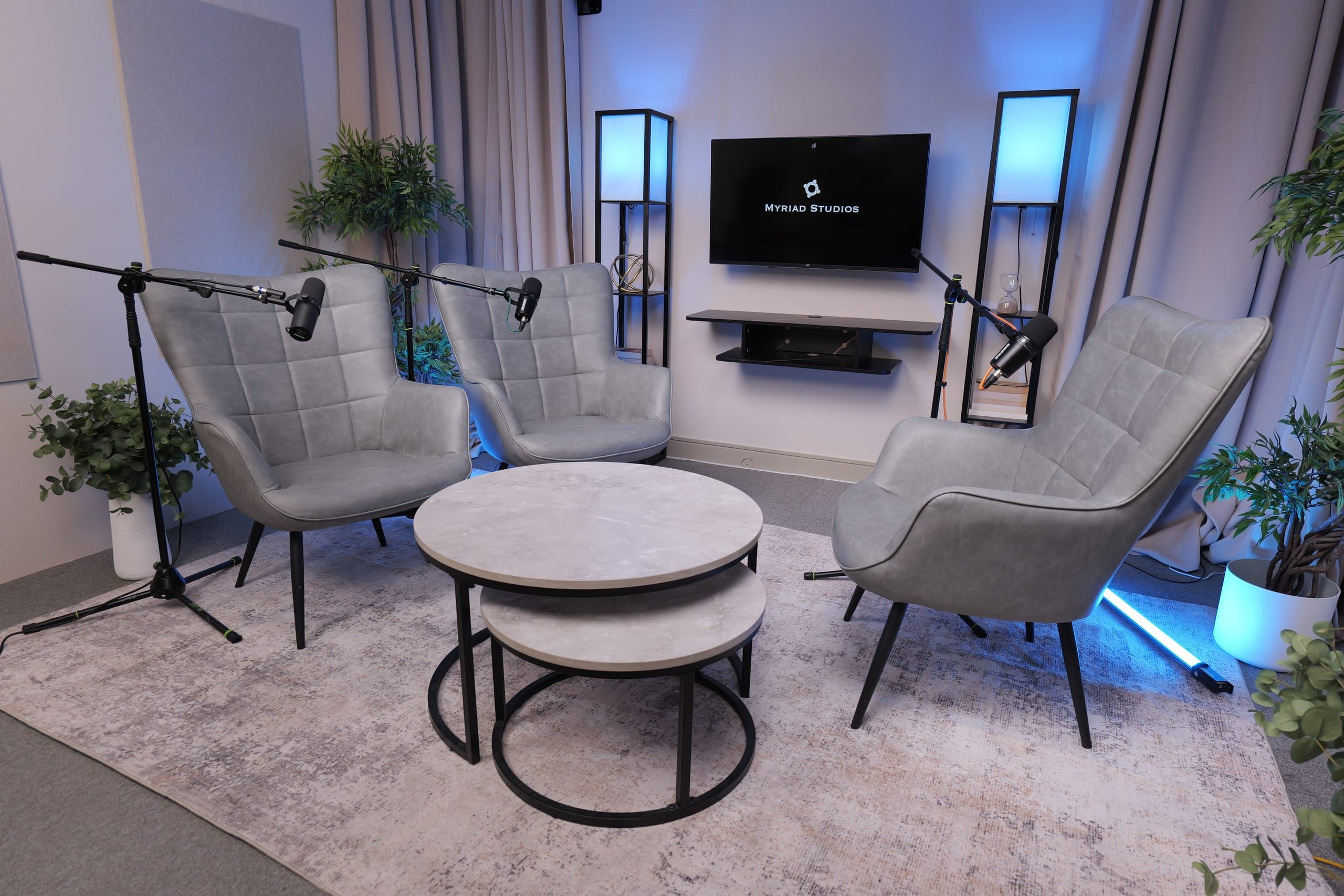 Studio 1 V2 (Grey chairs) podcast set at Myriad Studios