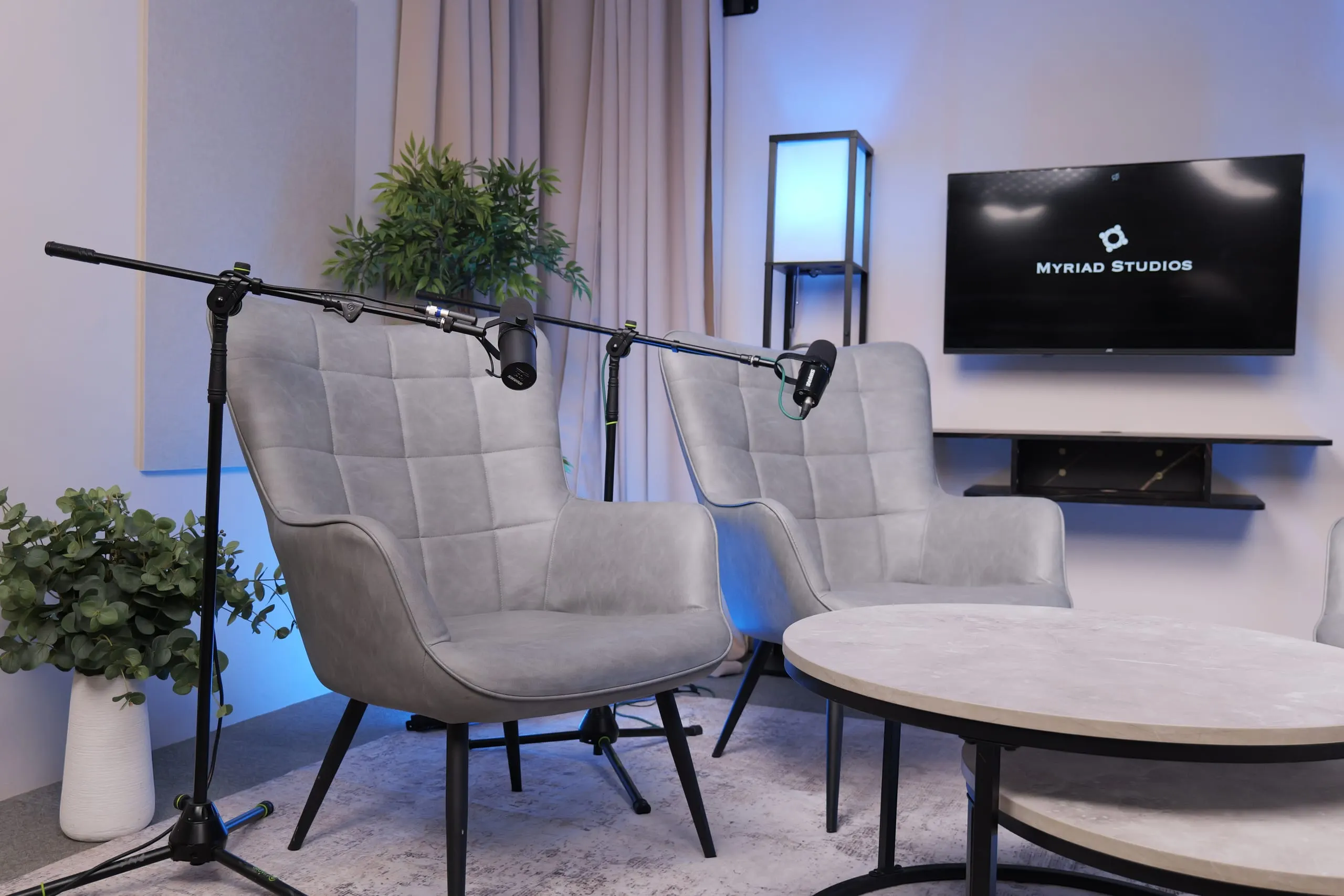 Studio 1 V2 (Grey chairs) podcast set at Myriad Studios, view 2 of 6
