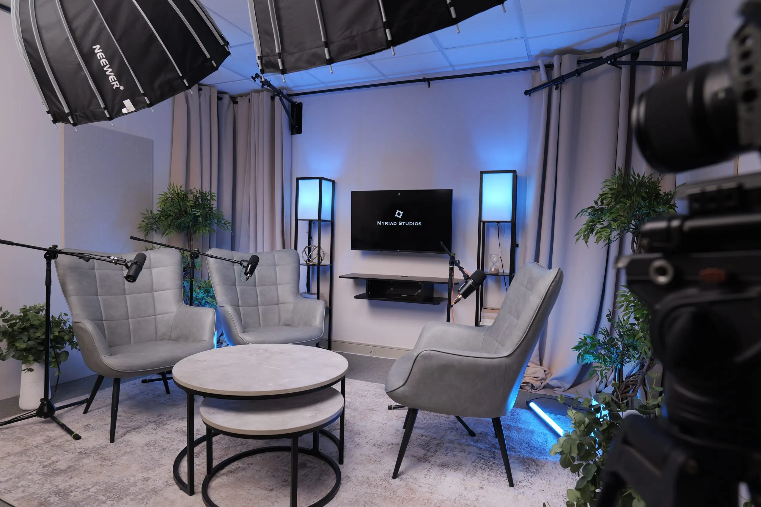 Studio 1 V2 (Grey chairs) podcast set at Myriad Studios, view 6 of 6